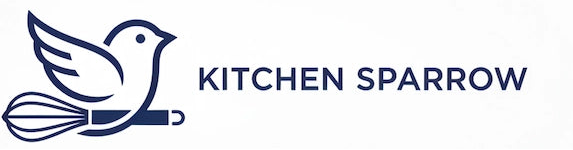 A logo featuring a navy blue bird holding a whisk, with the text 'KITCHEN SPARROW' in navy blue on a white background.
